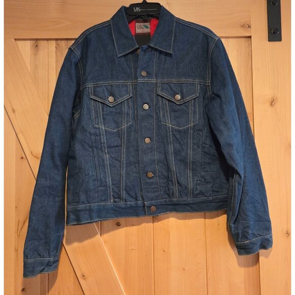 Pine Grove Men's Sz S Red Plaid Flannel Lined Denim Jacket  Trucker - Picture 1 of 16